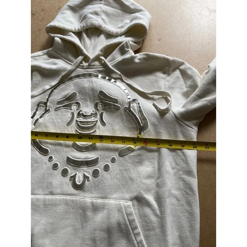 True Religion Y2K Buddha Hoodie Sweatshirt Small White Cotton Blend